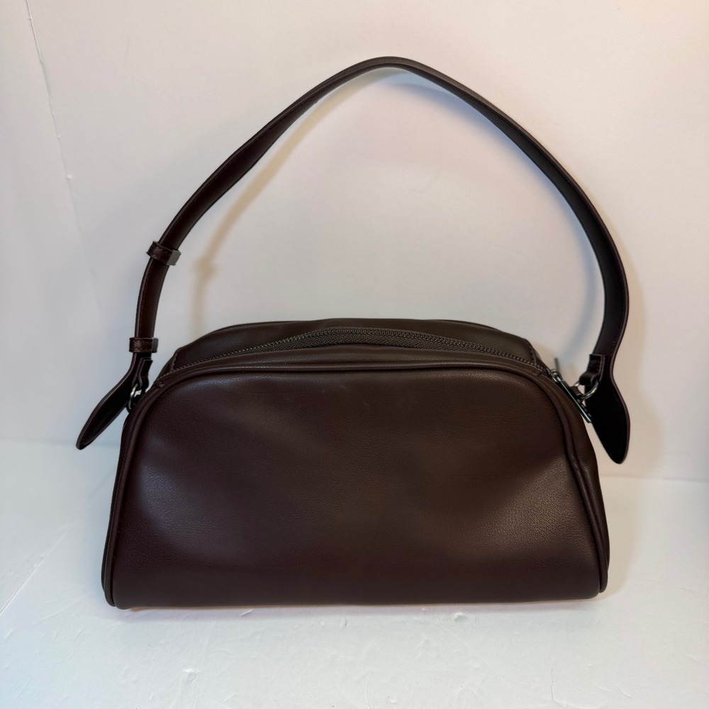 BCBG Women Chocolate Brown Faux Leather Dome Shoulder Bag Minimalist Hobo Purse